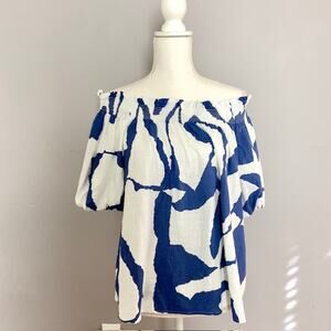 CeCe Off Shoulder Boho Blouse Blue White Linen Style Smocked Top L Beachy Resort